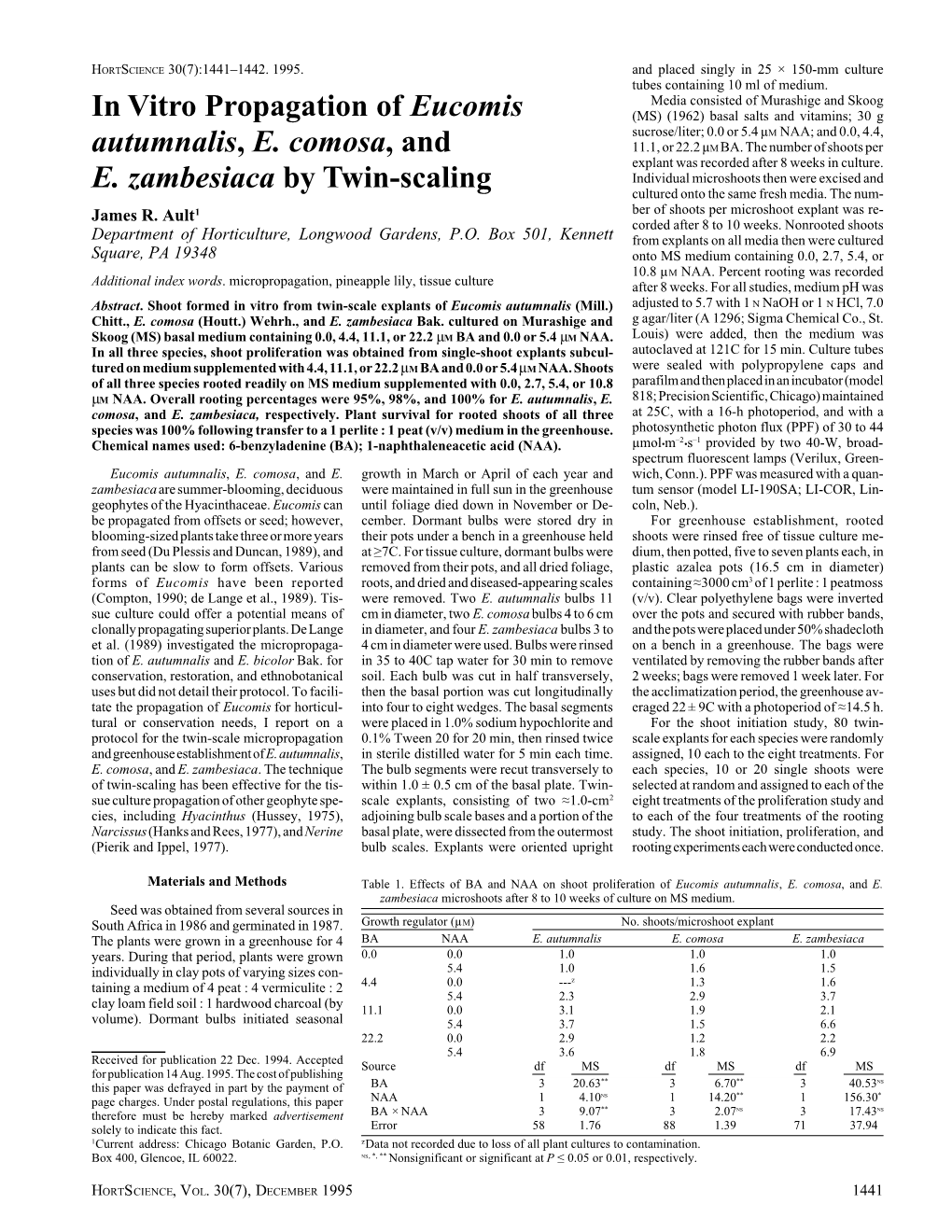 In Vitro Propagation of Eucomis Autumnalis, E. Comosa, and E