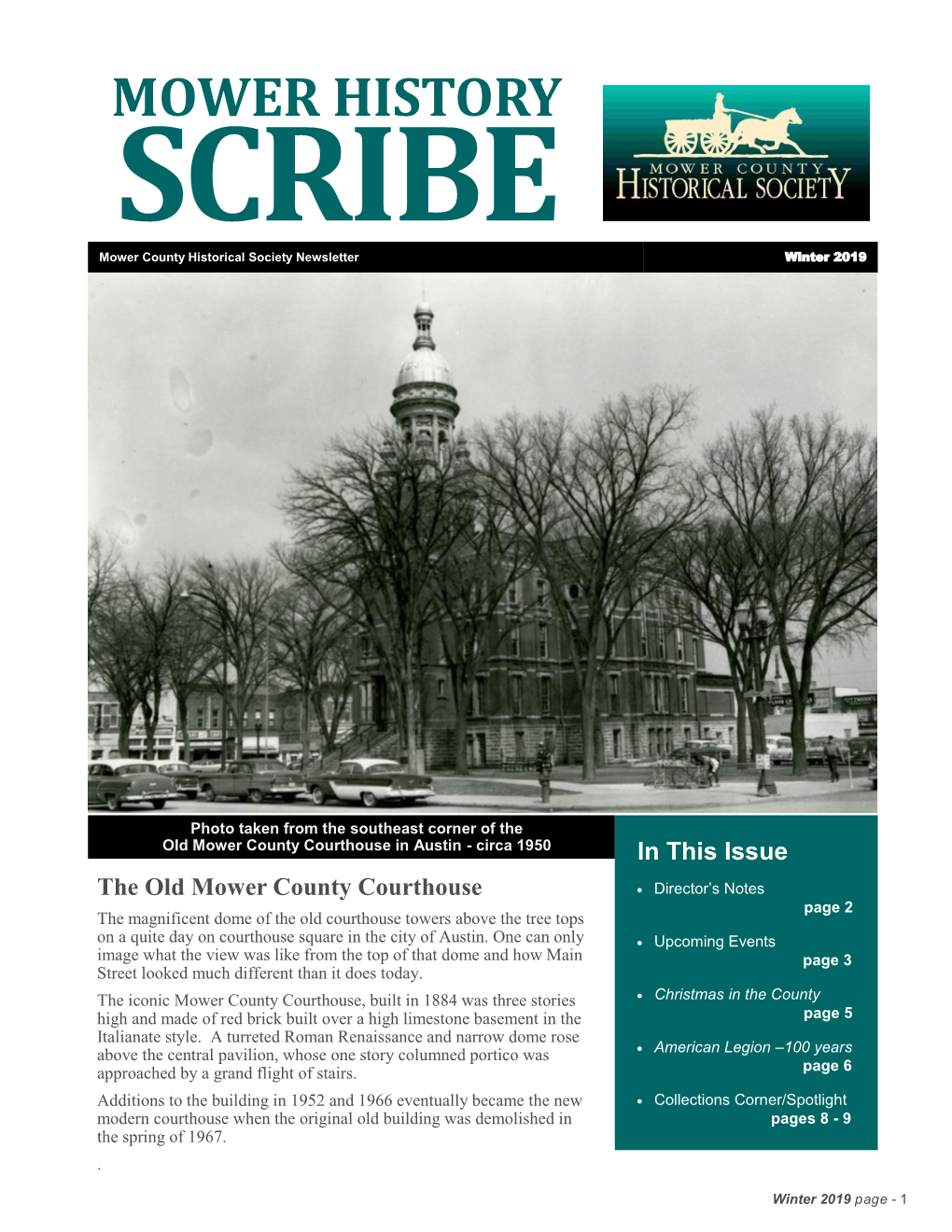 MOWER HISTORY SCRIBE Mower County Historical Society Newsletter Winter 2019