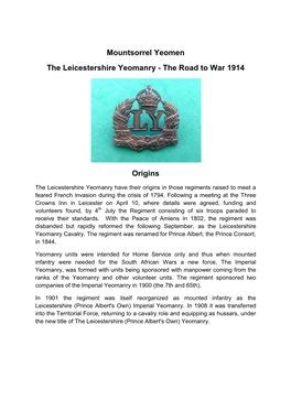 Mountsorrel Yeomen the Leicestershire Yeomanry - the Road to War 1914