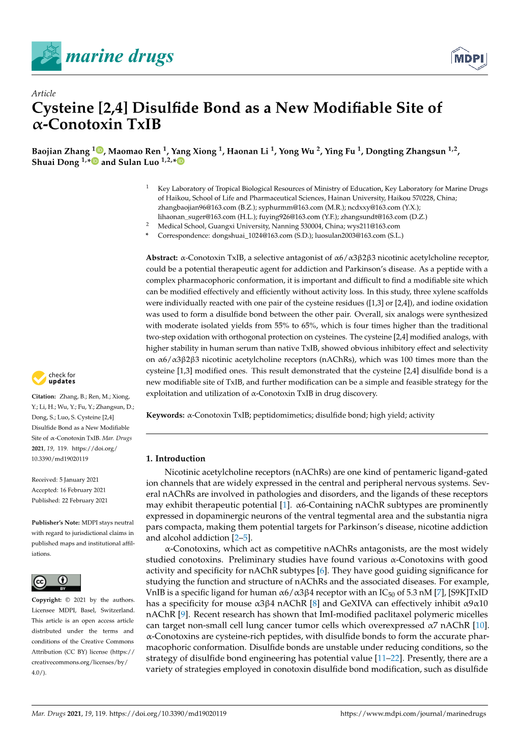 Disulfide Bond As a New Modifiable Site of Α-Conotoxin Txib