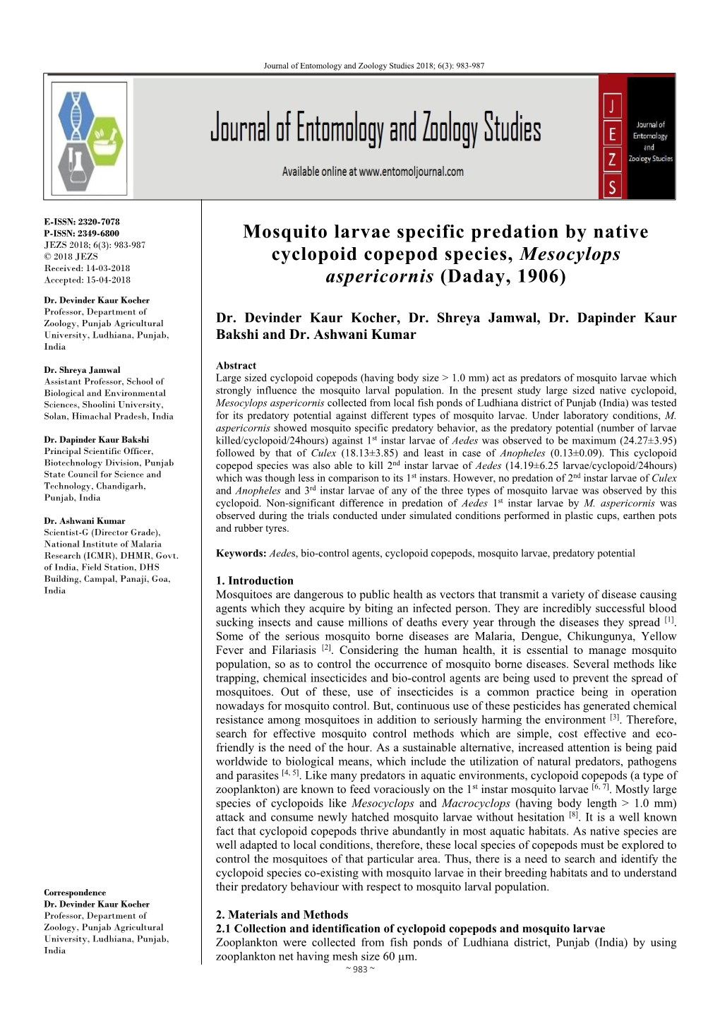 Mosquito Larvae Specific Predation by Native Cyclopoid Copepod Species