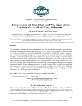 Entrepreneurial and Buyer-Driven Local Wine Supply Chains: Case Study of Acres of Land Winery in Kentucky