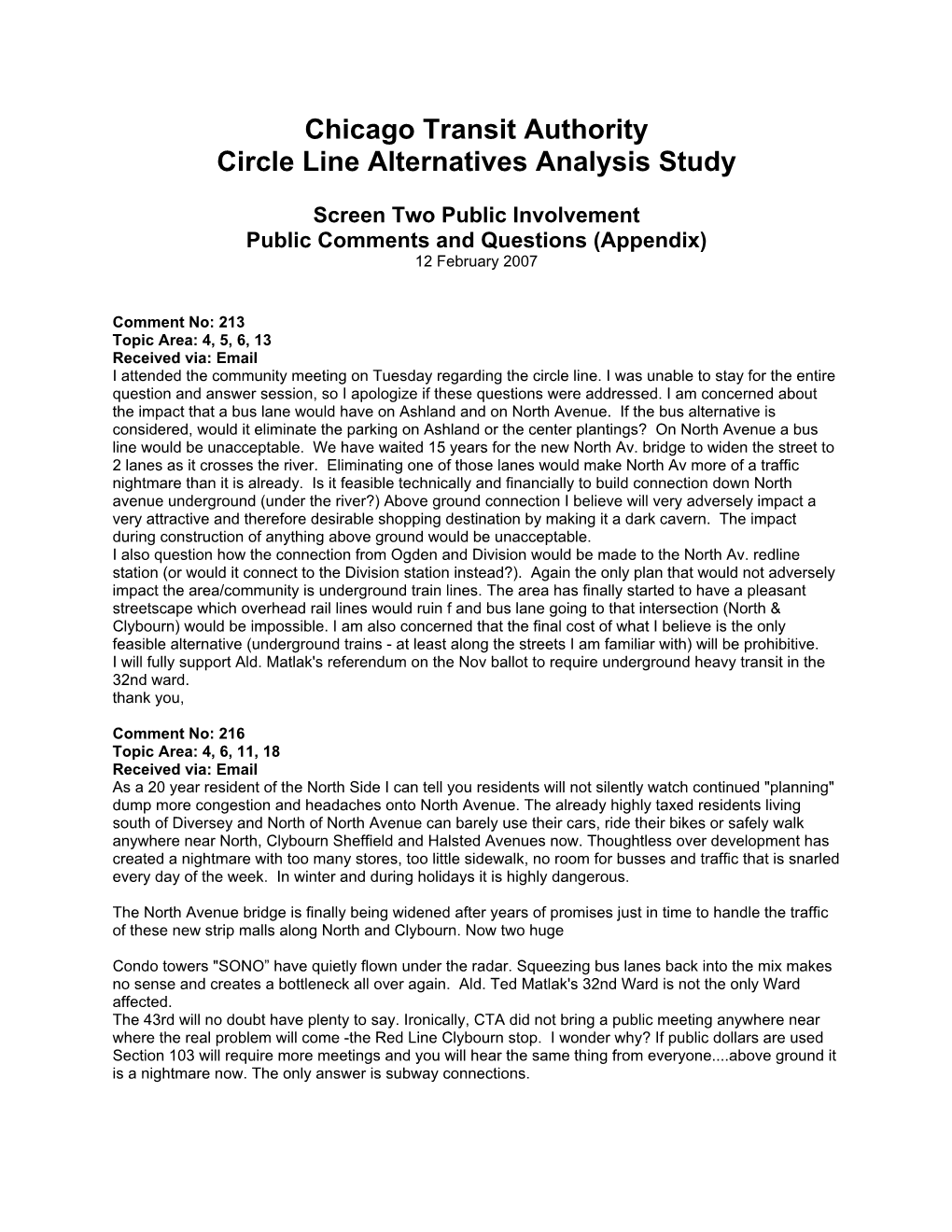 Chicago Transit Authority Circle Line Alternatives Analysis Study