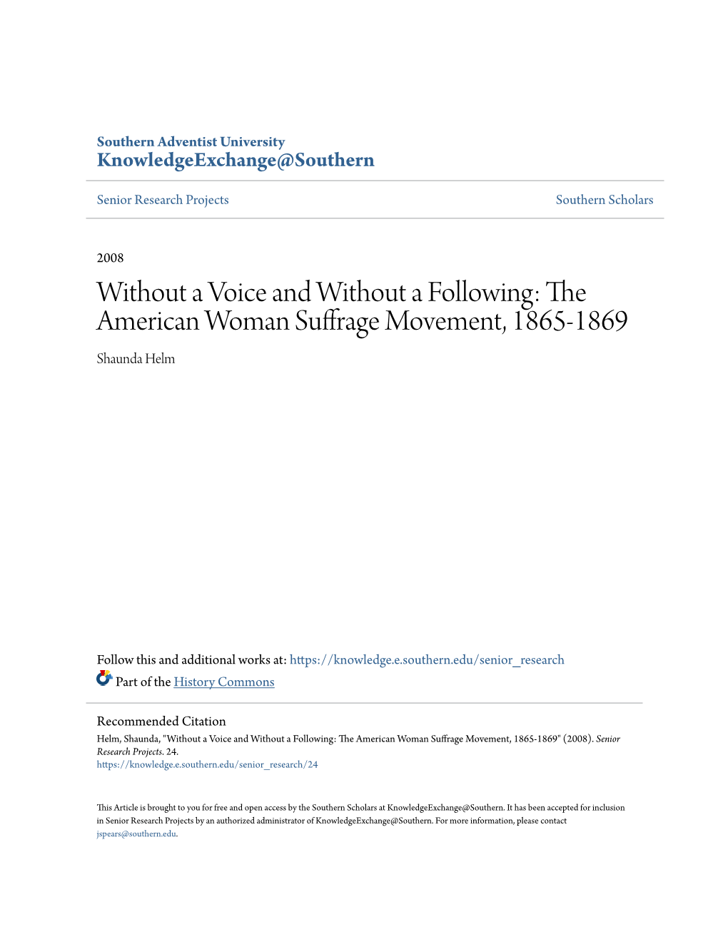 The American Woman Suffrage Movement, 1865-1869 Shaunda Helm