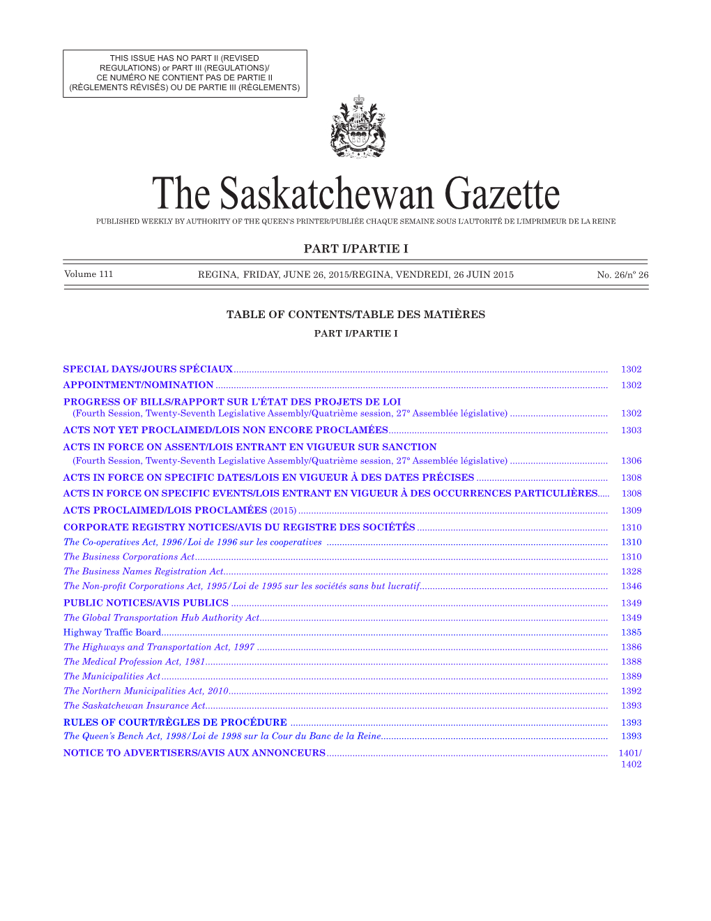 THE SASKATCHEWAN GAZETTE, June 26, 2015