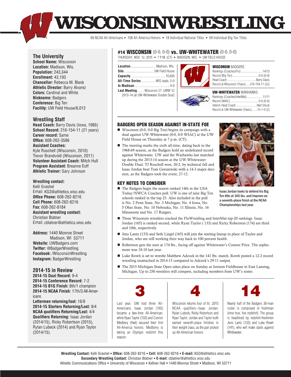 WISCONSIN WRESTLING 2015 ALPHABETICAL ROSTER 2015-16 Badgers Cathery, Santonio 5-8 157 RS JR Chicago, Ill