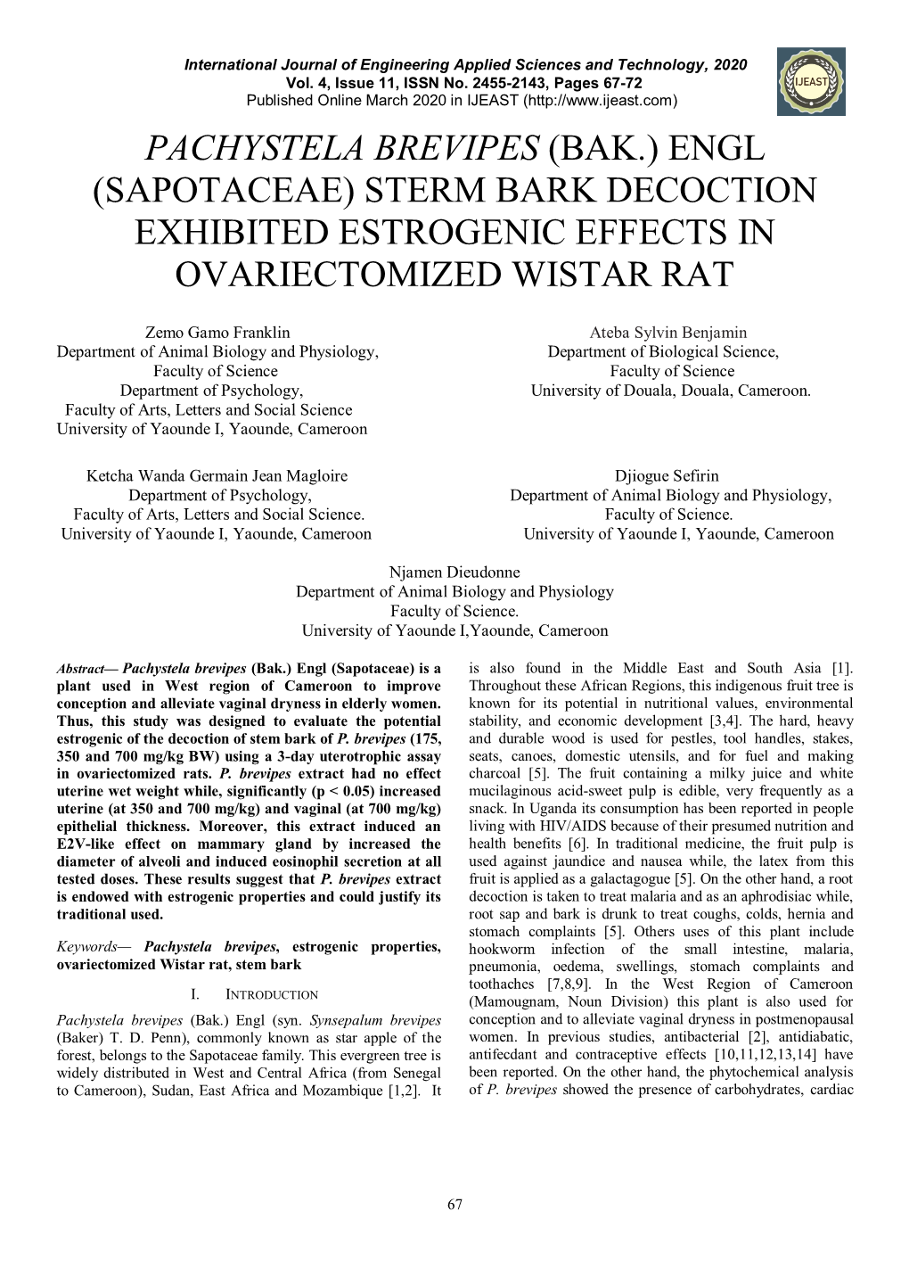 Pachystela Brevipes (Bak.) Engl (Sapotaceae) Sterm Bark Decoction Exhibited Estrogenic Effects in Ovariectomized Wistar Rat