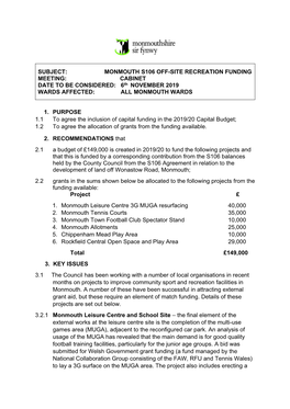 MONMOUTH S106 OFF-SITE RECREATION FUNDING MEETING: CABINET DATE to BE CONSIDERED: 6Th NOVEMBER 2019 WARDS AFFECTED: ALL MONMOUTH WARDS