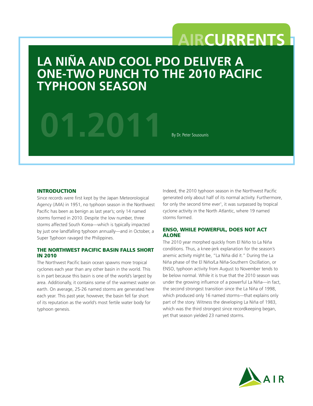 Aircurrents La Niña and Cool PDO Deliver a One-Two Punch to the 2010 Pacific Typhoon Season