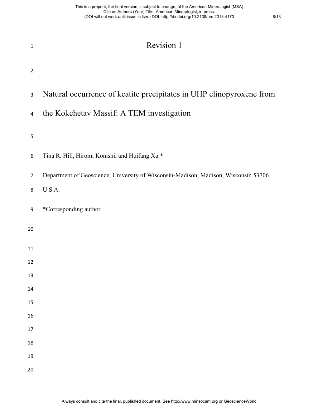 Revision 1 Natural Occurrence of Keatite Precipitates in UHP
