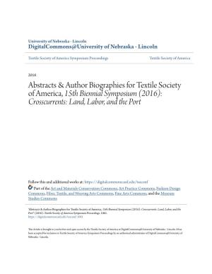 Abstracts & Author Biographies for Textile Society of America, 15Th