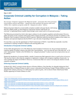 Corporate Criminal Liability for Corruption in Malaysia – Taking Action