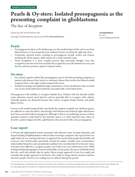 Isolated Prosopagnosia As the Presenting Complaint in Glioblastoma the Face of Deception