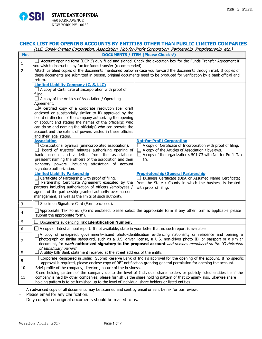 DEP 3 Form STATE BANK of INDIA 460 PARK AVENUE NEW YORK