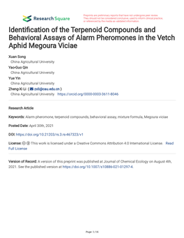 Identification of the Terpenoid Compounds and Behavioral Assays of Alarm Pheromones in the Vetch Aphid Megoura Viciae
