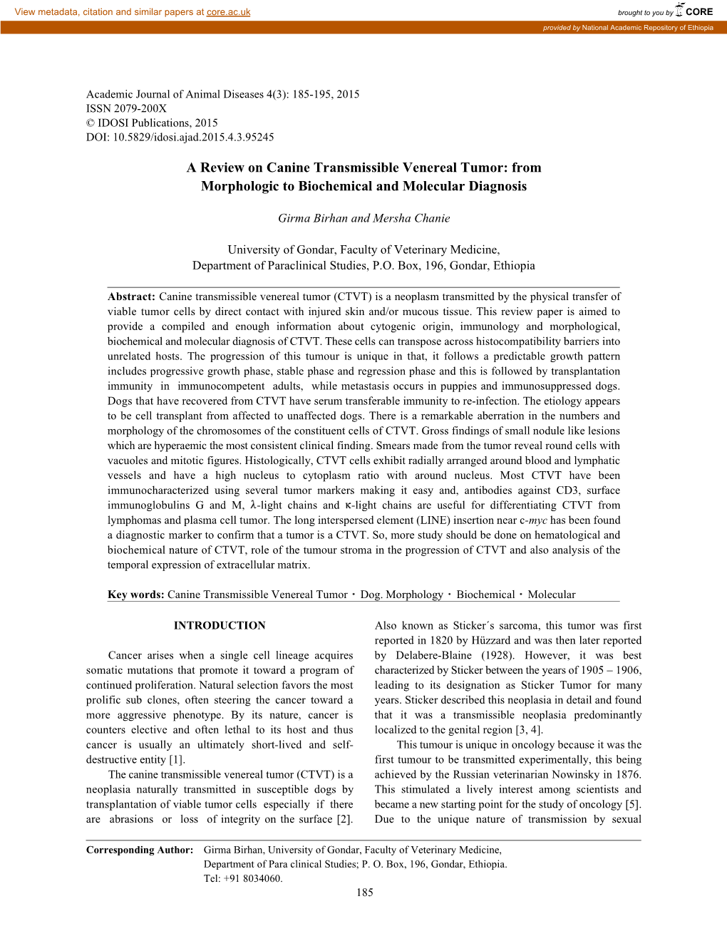 A Review on Canine Transmissible Venereal Tumor: from Morphologic to Biochemical and Molecular Diagnosis