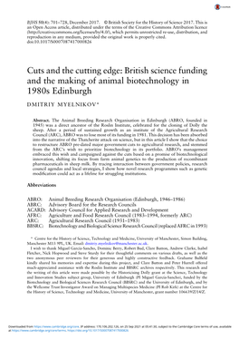 Cuts and the Cutting Edge: British Science Funding and the Making of Animal Biotechnology in 1980S Edinburgh