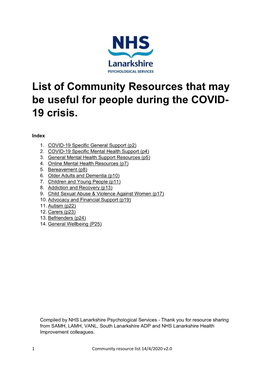 List of Community Resources That May Be Useful for People During the COVID- 19 Crisis