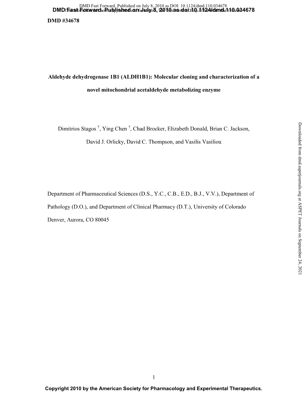 Aldehyde Dehydrogenase 1B1 (ALDH1B1): Molecular Cloning and Characterization of A