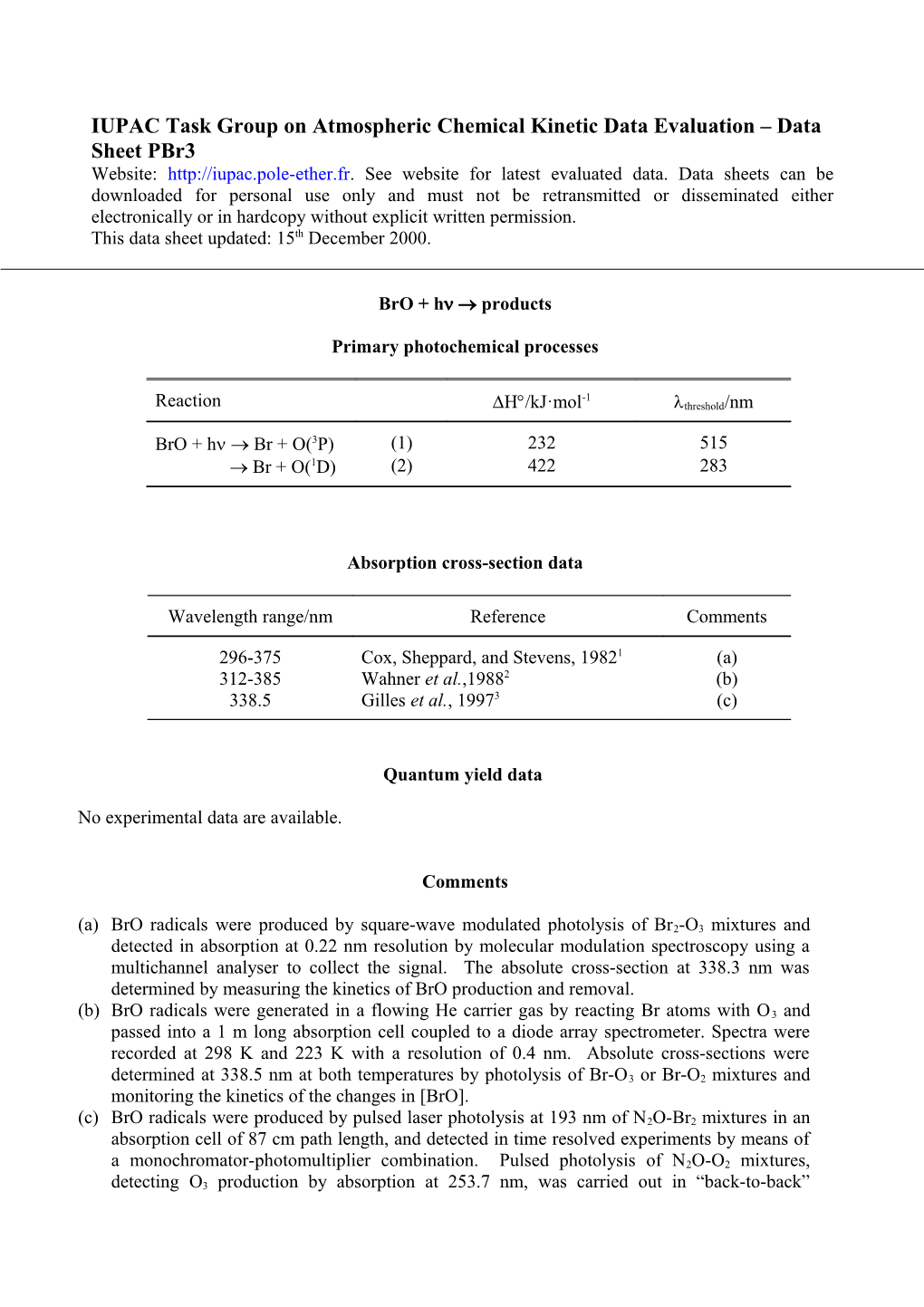 IUPAC Task Group on Atmospheric Chemical Kinetic Data Evaluation Data Sheet Pbr3