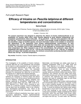 Efficacy of Tricaine on Peocilia Latipinna at Different Temperatures and Concentrations
