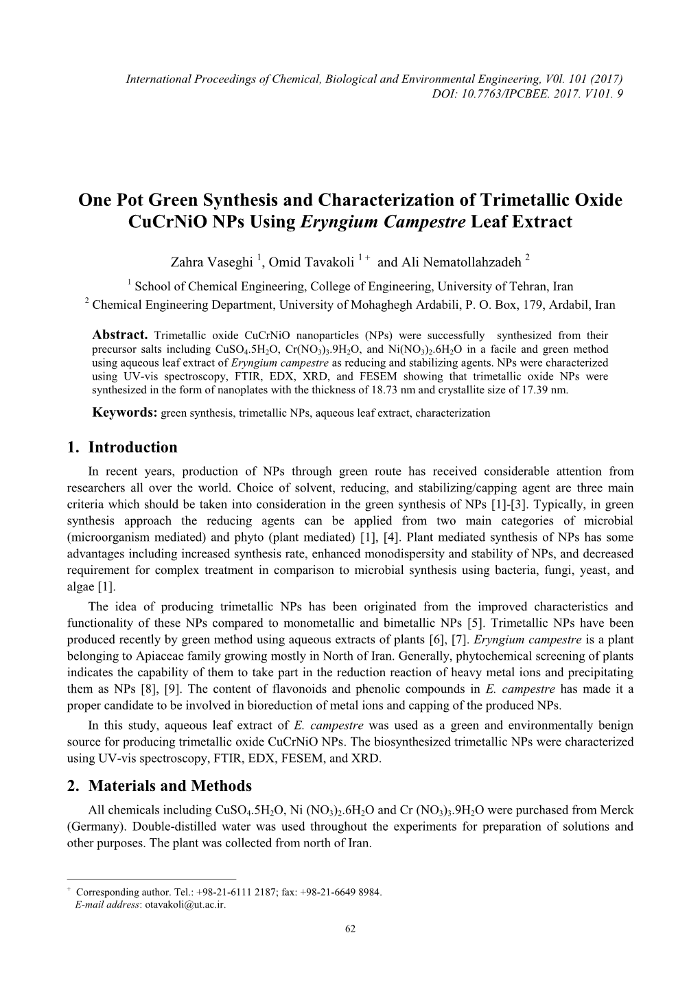 One Pot Green Synthesis and Characterization of Trimetallic Oxide Cucrnio Nps Using Eryngium Campestre Leaf Extract