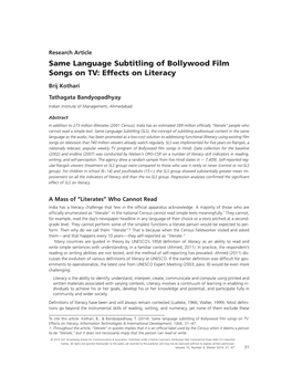 Same Language Subtitling of Bollywood Film Songs on TV: Effects on Literacy