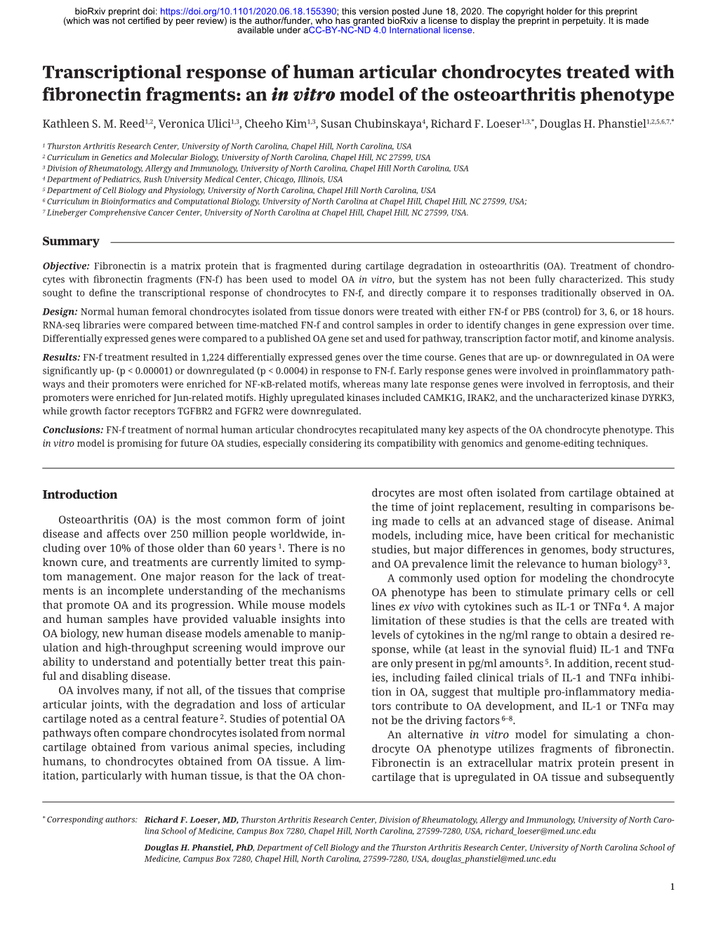 Transcriptional Response of Human Articular Chondrocytes Treated with Fibronectin Fragments: an in Vitro Model of the Osteoarthritis Phenotype