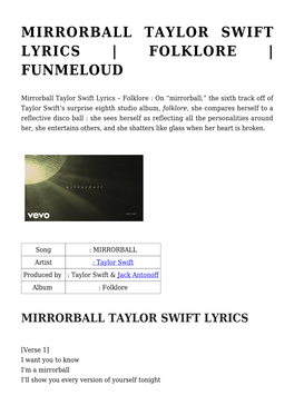 Mirrorball Taylor Swift Lyrics | Folklore | Funmeloud