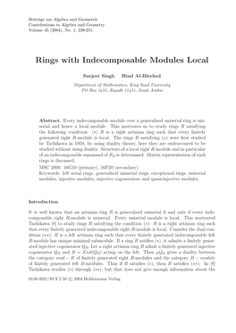 Rings with Indecomposable Modules Local