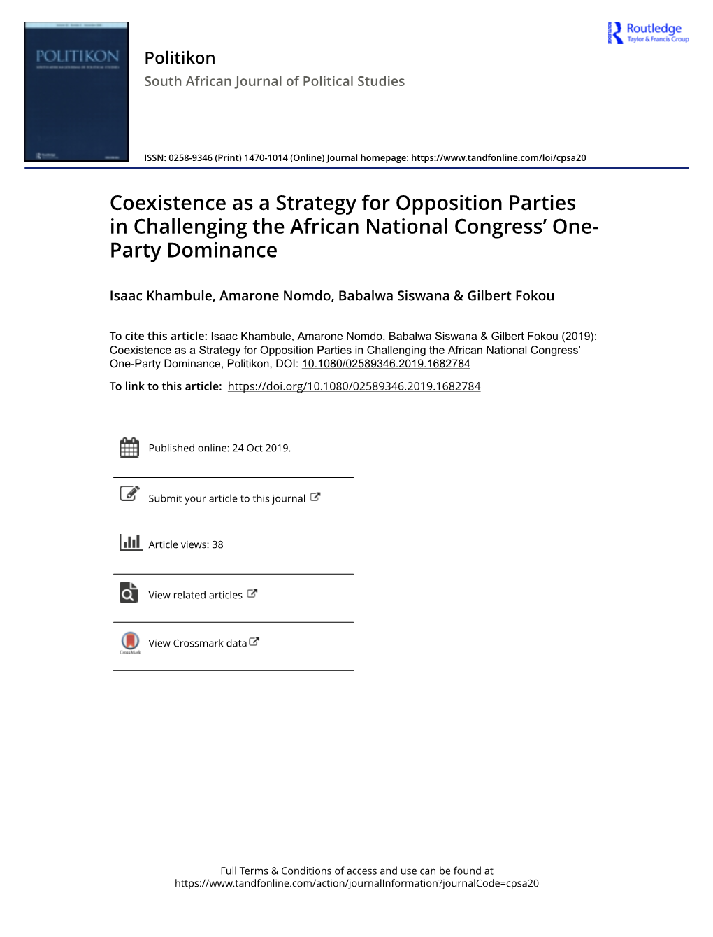 Coexistence As a Strategy for Opposition Parties in Challenging the African National Congress’ One- Party Dominance