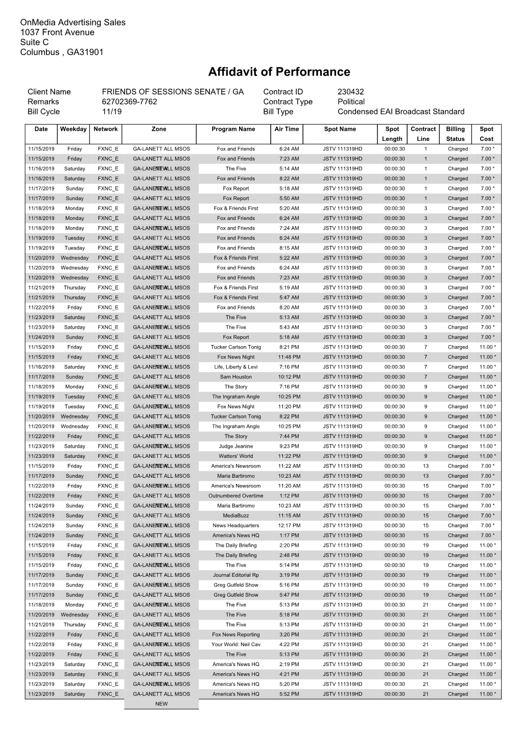 Affidavit of Performance