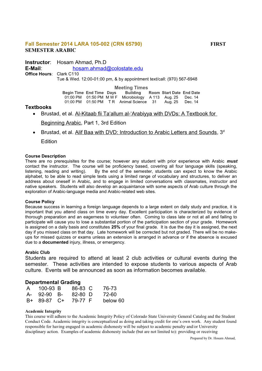 L180 FIRST YEAR ARABIC (Section: 001)