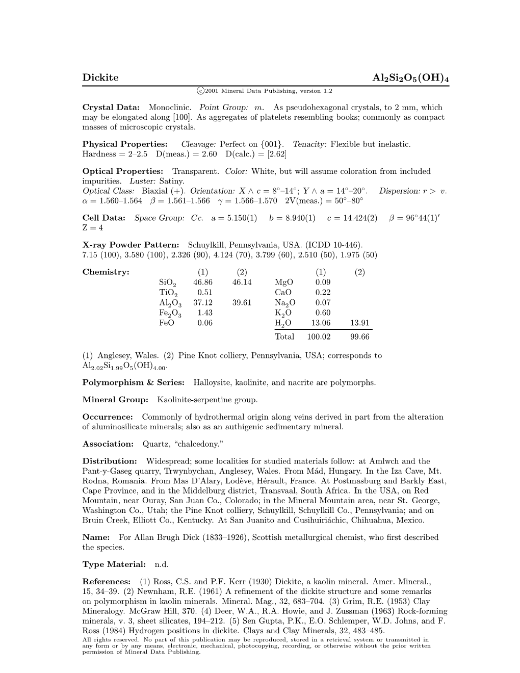 Dickite Al2si2o5(OH)4 C 2001 Mineral Data Publishing, Version 1.2 ° Crystal Data: Monoclinic