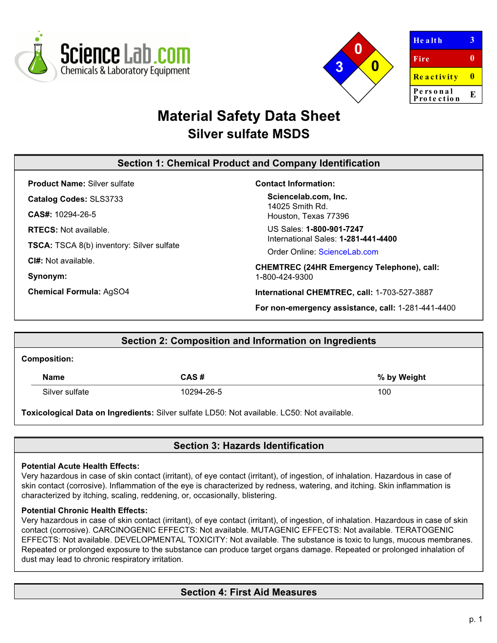 Material Safety Data Sheet Silver Sulfate MSDS