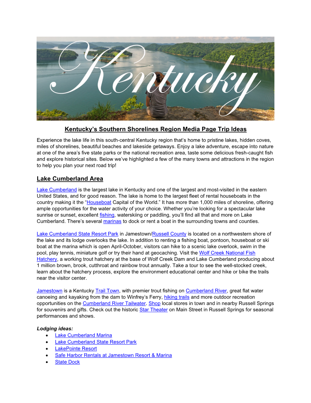 Kentucky's Southern Shorelines Region Media Page Trip Ideas
