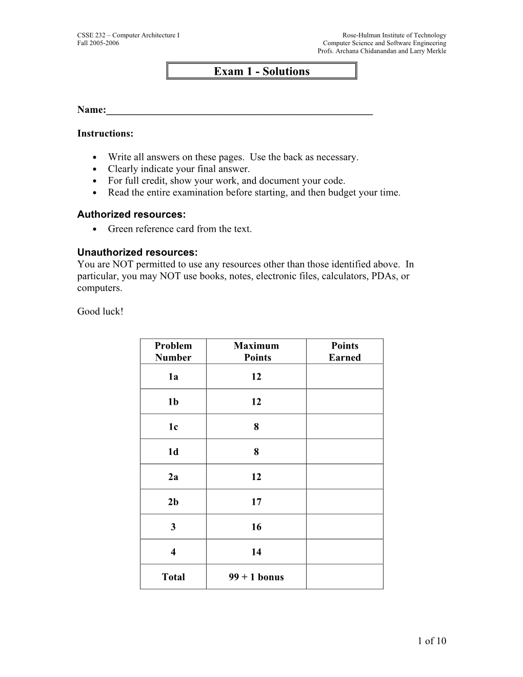 Exam 1 - Solutions