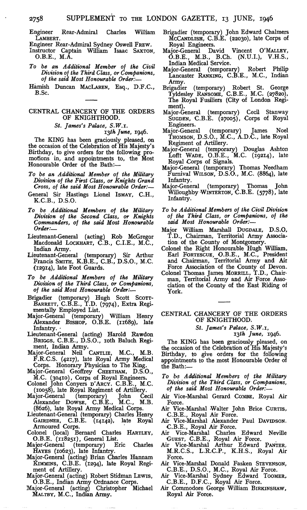 2758 SUPPLEMENT to the LONDON GAZETTE, 13 JUNE, 1946 Engineer Rear-Admiral Charles William Brigadier (Temporary) John Edward Chalmers LAMBERT