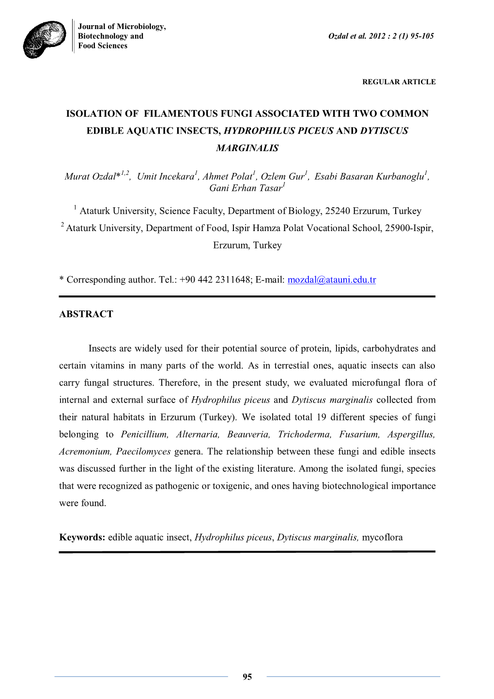 Isolation of Filamentous Fungi Associated with Two Common Edible Aquatic Insects, Hydrophilus Piceus and Dytiscus Marginalis