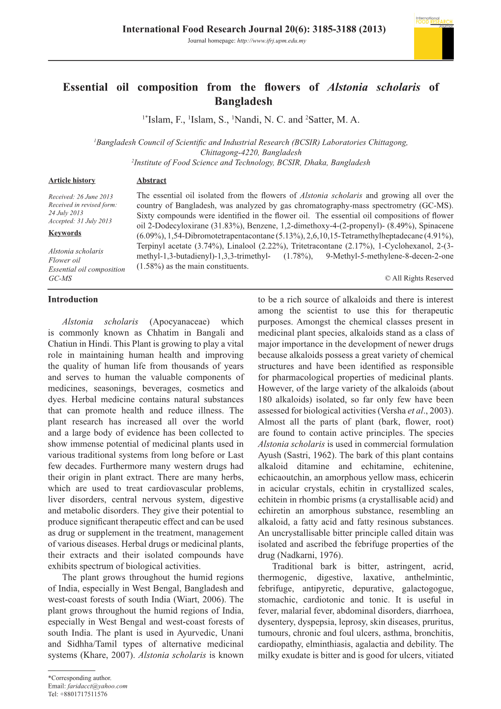 Essential Oil Composition from the Flowers of Alstonia Scholaris of Bangladesh 1*Islam, F., 1Islam, S., 1Nandi, N