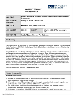 Internal UNIVERSITY of DERBY JOB DESCRIPTION JOB TITLE Project