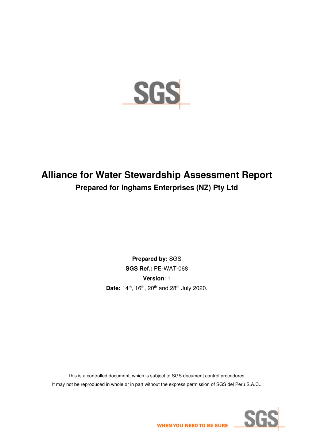 Alliance for Water Stewardship Assessment Report Prepared for Inghams Enterprises (NZ) Pty Ltd