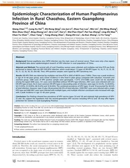 Epidemiologic Characterization of Human Papillomavirus Infection in Rural Chaozhou, Eastern Guangdong Province of China
