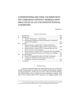 Conditioning Section 230 Immunity on Unbiased Content Moderation Practices As an Unconstitutional Condition