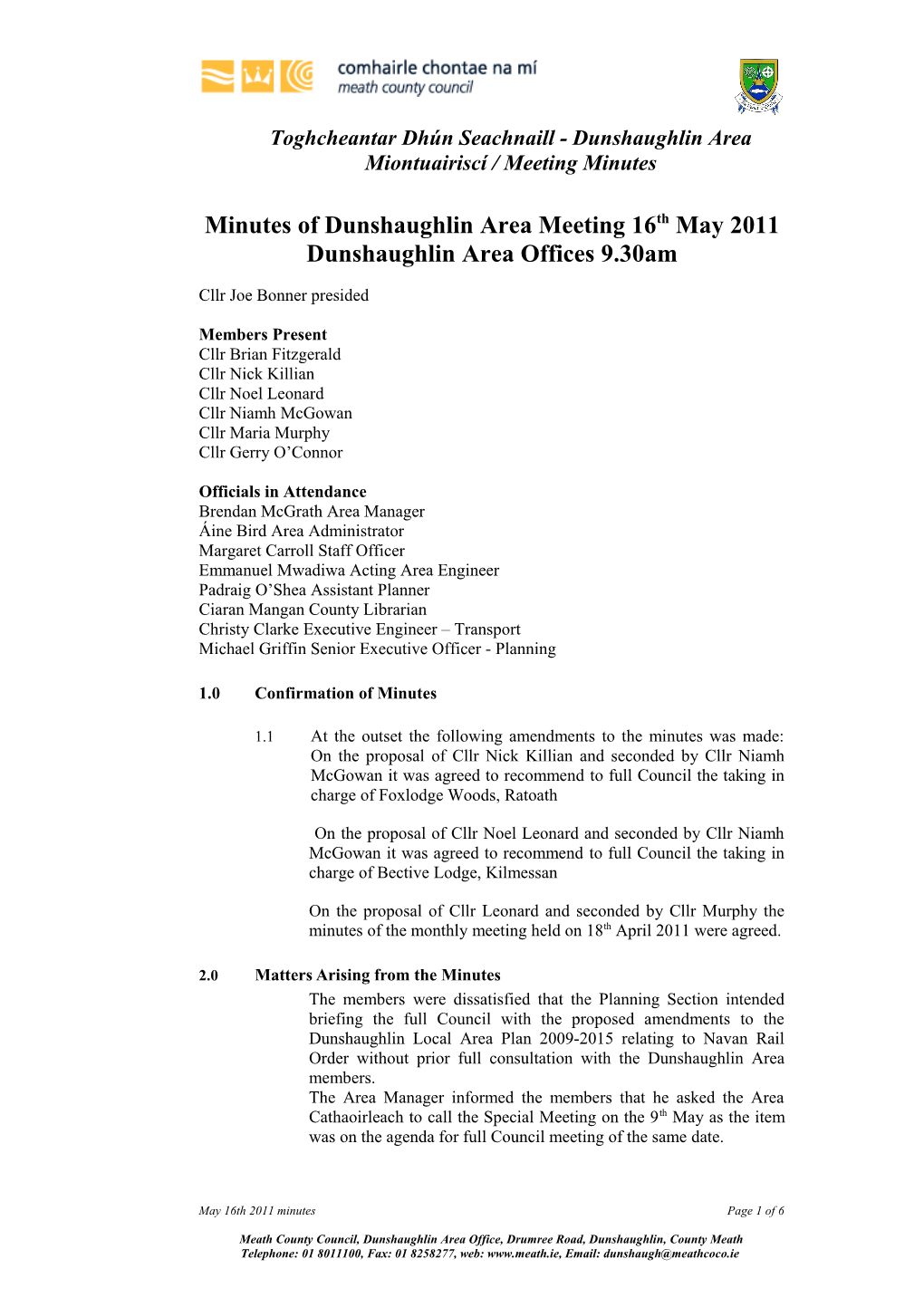 Minutes of Dunshaughlin Area Meeting 16Th May 2011