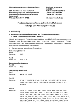 Flurbereinigungsverfahren Uelversheim Telefax: 0671 -820 -500 (Aulenberg) Aktenzeichen: 91316 -HA2.3