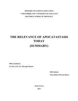 The Relevance of Apocatastasis Today (Summary)