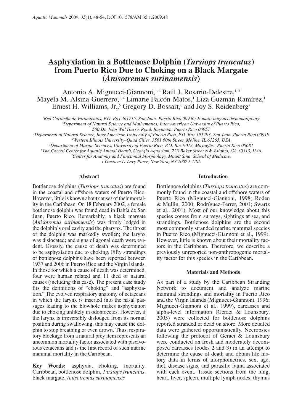 Asphyxiation in a Bottlenose Dolphin (Tursiops Truncatus) from Puerto Rico Due to Choking on a Black Margate (Anisotremus Surinamensis) Antonio A