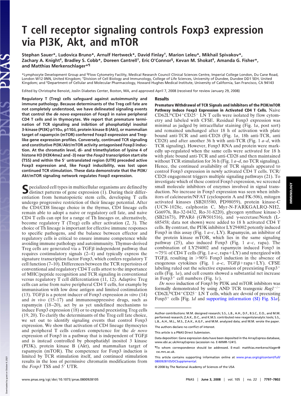 T Cell Receptor Signaling Controls Foxp3 Expression Via PI3K, Akt, and Mtor