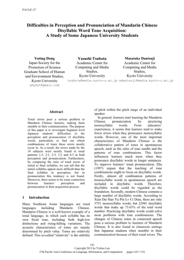 Difficulties in Perception and Pronunciation of Mandarin Chinese Disyllabic Word Tone Acquisition: a Study of Some Japanese University Students